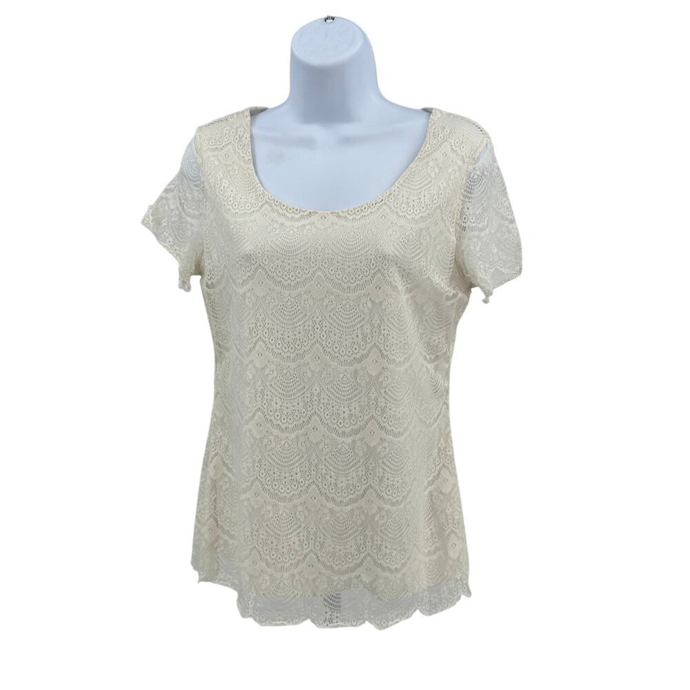 Banana Republic Lace Top WMNS S Cream Scoop Neck V/700033470 Short Sleeve Lined